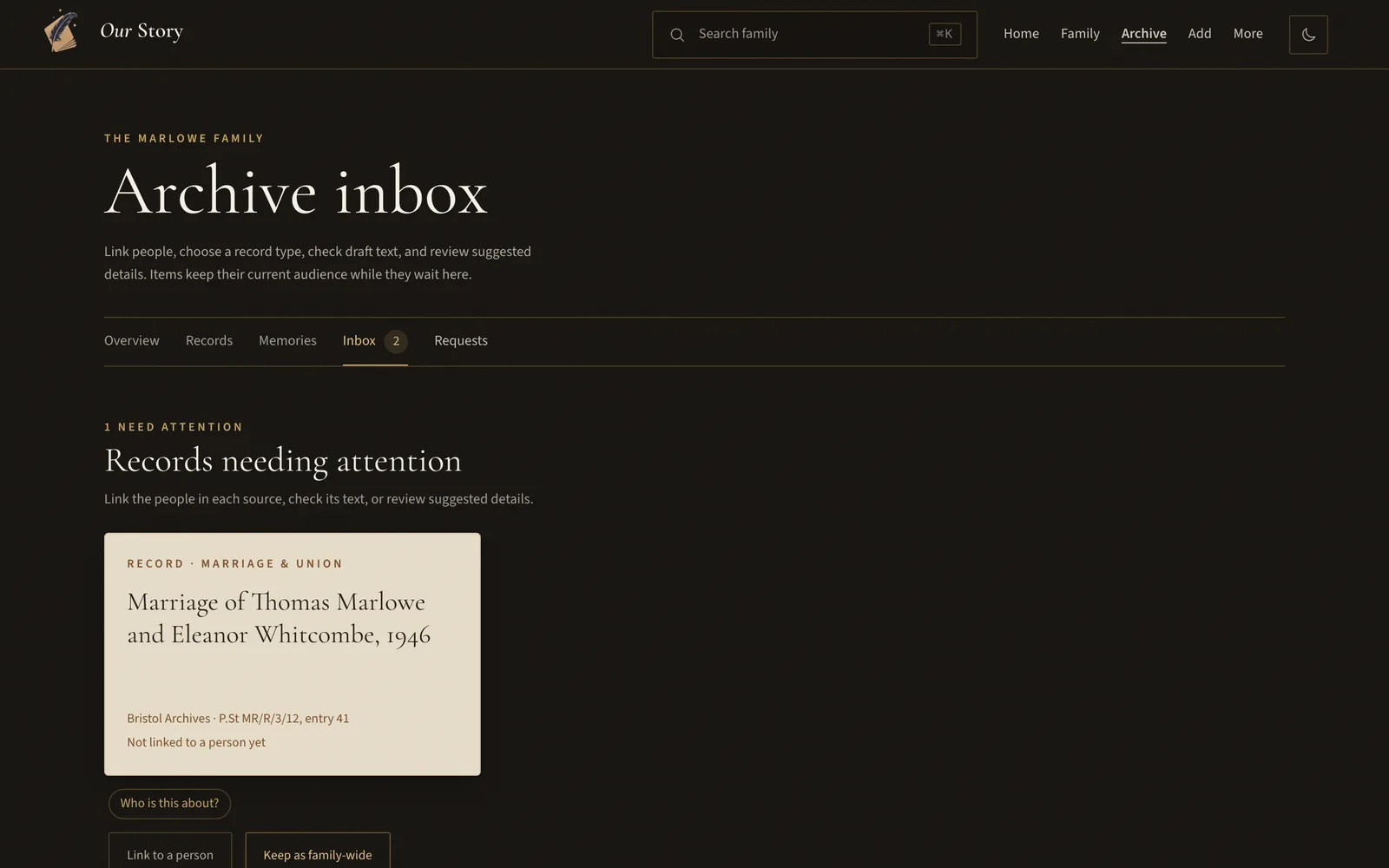 The Archive inbox with records and memories needing attention