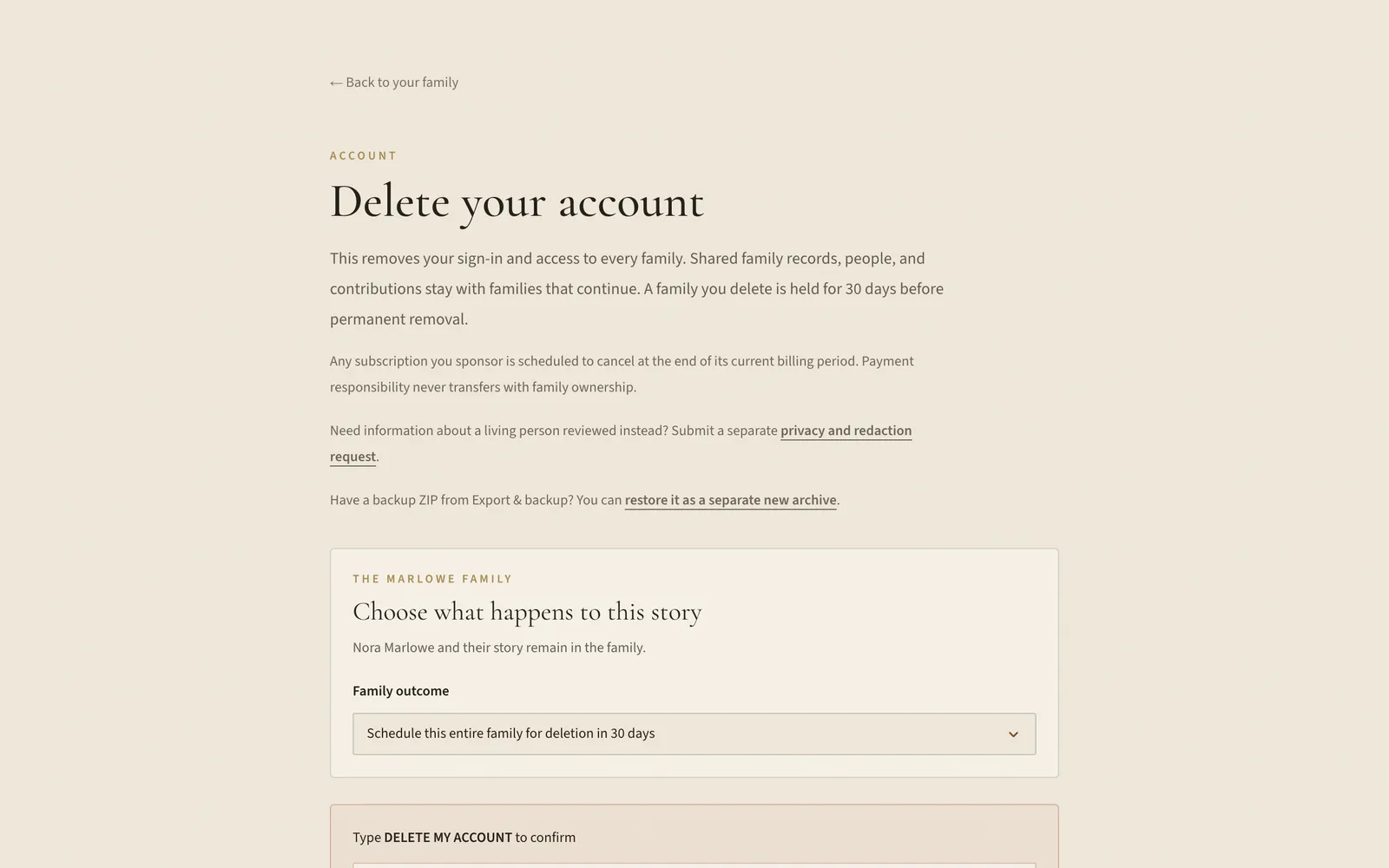 Account settings with the delete-account section and its typed confirmation